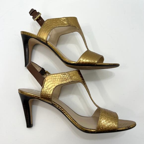 Michael Kors Gold Metallic T-Strap Heeled Sandals Shoes | Size: 9.5M - Picture 6 of 13